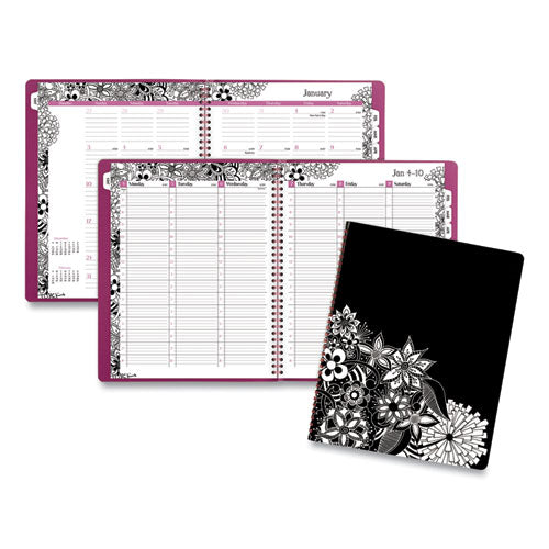 Image of Cambridge® 589-905 Floradoodle Weekly/Monthly Professional Planner, Floral Artwork, 11 x 8.5, Black/White Cover, 12-Month (Jan-Dec): 2026