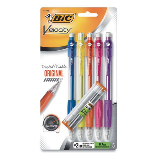 Image of BIC® MV7P51-BLK Velocity Original Mechanical Pencil, 0.7 Mm, Hb (#2), Black Lead, Assorted Barrel Colors, 5/pack