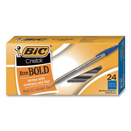 Image of BIC® MSBP241-BLU Cristal Xtra Bold Ballpoint Pen, Stick, Bold 1.6 Mm, Blue Ink, Clear Barrel, 24/pack
