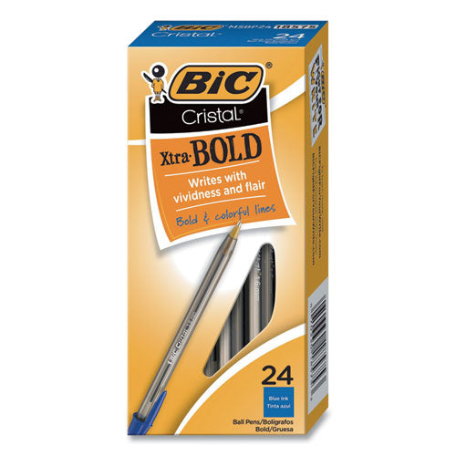 Image of BIC® MSBP241-BLU Cristal Xtra Bold Ballpoint Pen, Stick, Bold 1.6 Mm, Blue Ink, Clear Barrel, 24/pack