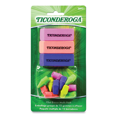 Image of Ticonderoga® X38931 Neon Eraser Multipack, For Pencil Marks, (12) End-Cap Erasers, (3) Block Erasers, Assorted Colors