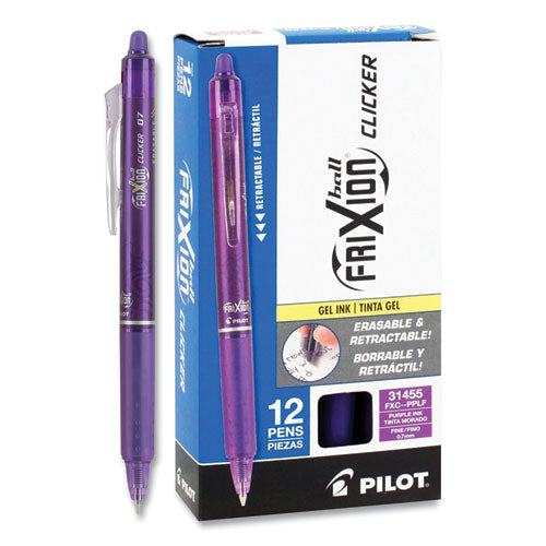 Image of Pilot® PIL31455 Frixion Clicker Erasable Gel Pen, Retractable, Fine 0.7 Mm, Purple Ink, Purple Barrel, Dozen