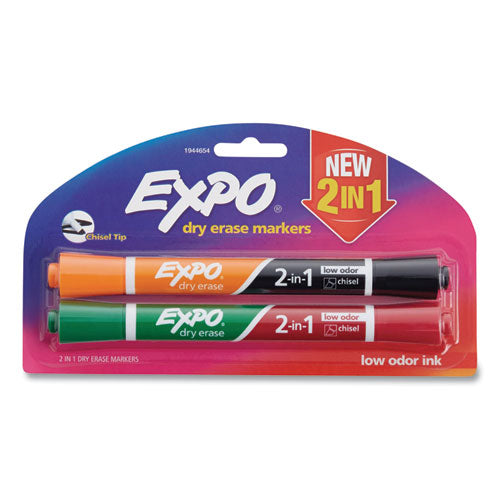 Image of EXPO® 1944654 2-In-1 Dry Erase Markers, Medium Chisel Tip, Assorted Colors, 2/pack