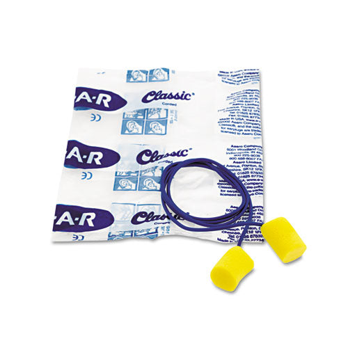 Image of 3M 311-1101 E-A-RClassic Earplugs, Corded, 29 dB NRR, One Size Fits Most, Yellow Cylindrical Plugs, 200 Pairs/Box
