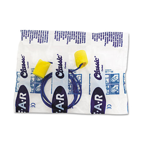 Image of 3M 311-1101 E-A-RClassic Earplugs, Corded, 29 dB NRR, One Size Fits Most, Yellow Cylindrical Plugs, 200 Pairs/Box