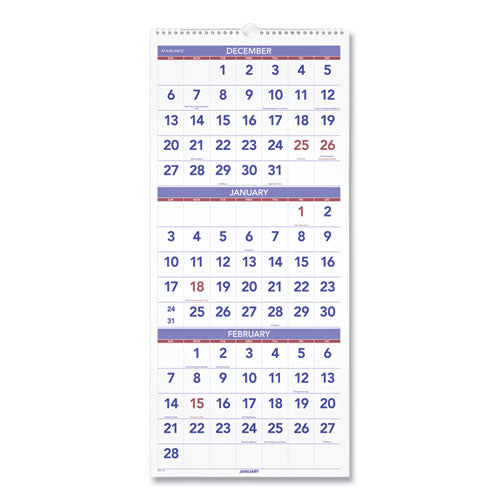 Image of AT-A-GLANCE® PM11-28 Deluxe Three-Month Reference Wall Calendar, Vertical Orientation, 12 x 27, White Sheets, 14-Month: Dec 2025 to Jan 2027