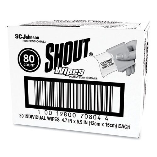 Image of Shout® 686661 Wipe and Go Instant Stain Remover, 4.7 x 5.9, Unscented, White, 80 Packets/Carton