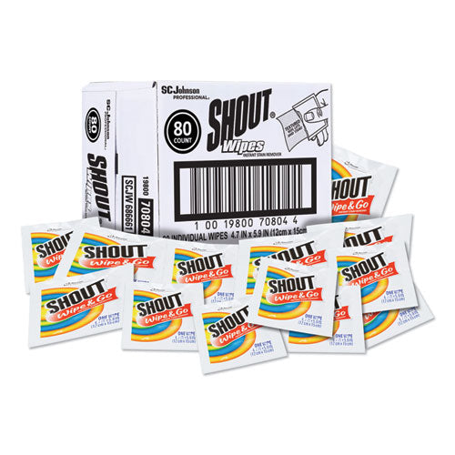 Image of Shout® 686661 Wipe and Go Instant Stain Remover, 4.7 x 5.9, Unscented, White, 80 Packets/Carton