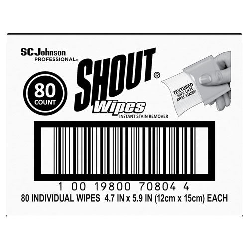 Image of Shout® 686661 Wipe and Go Instant Stain Remover, 4.7 x 5.9, Unscented, White, 80 Packets/Carton