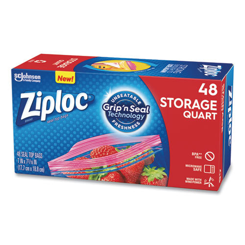 Image of Ziploc® 351317BX Double Zipper Storage Bags, Triple System Seal, Quart, 9.63" x 8.5", Clear, 48/Box