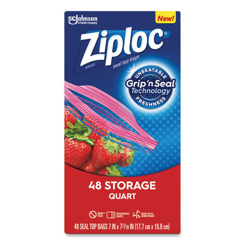 Image of Ziploc® 351317BX Double Zipper Storage Bags, Triple System Seal, Quart, 9.63" x 8.5", Clear, 48/Box