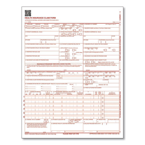 Image of Adams® CMS1500L1V CMS Health Insurance Claim Form, One-Part (No Copies), 8.5 x 11, 100 Forms Total