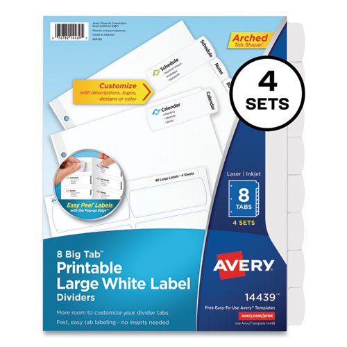Image of Avery® 14439 Big Tab Printable Large White Label Tab Dividers, 8-Tab, 11 x 8.5, White, 4 Sets