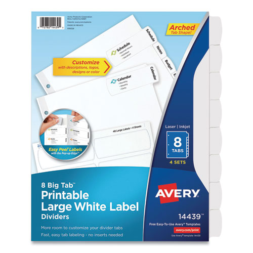Image of Avery® 14439 Big Tab Printable Large White Label Tab Dividers, 8-Tab, 11 x 8.5, White, 4 Sets