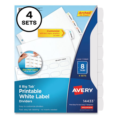 Image of Avery® 14433 Big Tab Printable White Label Tab Dividers, 8-Tab, 11 x 8.5, White, 4 Sets
