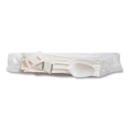 Image of Berkley Square BEP1239-S/P Mediumweight Cutlery Kit, Fork/Knife/Napkin/Pepper/Salt/Spoon, Plastic, White, 250/Carton
