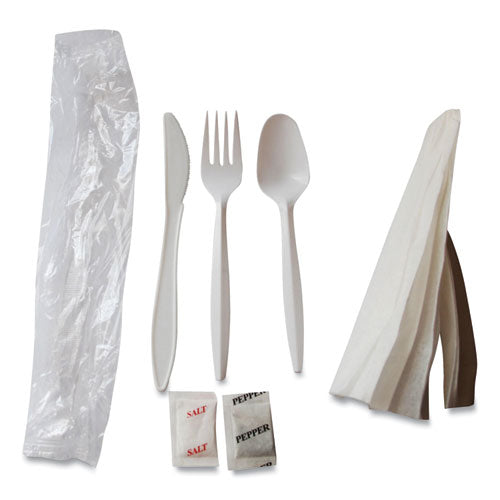 Image of Berkley Square BEP1239-S/P Mediumweight Cutlery Kit, Fork/Knife/Napkin/Pepper/Salt/Spoon, Plastic, White, 250/Carton