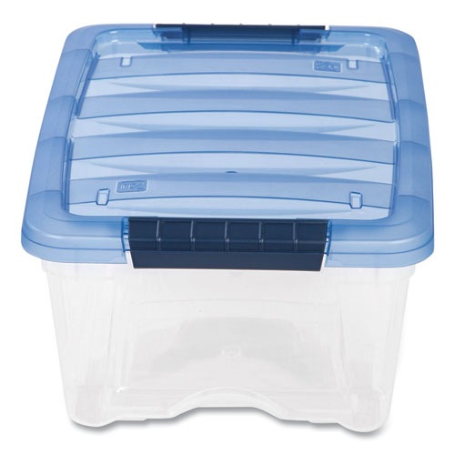 Image of IRIS 100306 Stack And Pull Latching Flat Lid Storage Box, 3.23 Gal, 10.9" X 16.5" X 6.5", Clear/translucent Blue