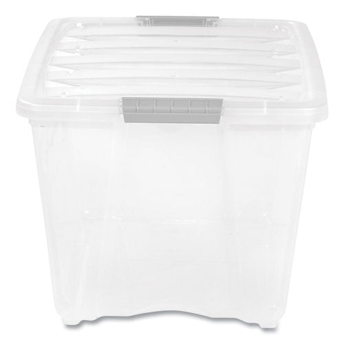 Image of IRIS 100243 Stack and Pull Latching Flat Lid Storage Box, 13.5 gal, 22" x 16.5" x 13.03", Clear