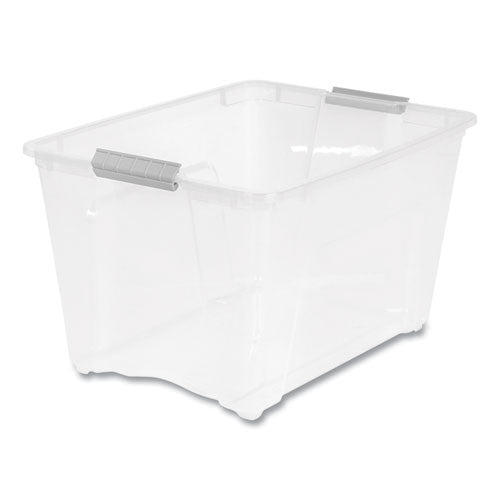 Image of IRIS 100243 Stack and Pull Latching Flat Lid Storage Box, 13.5 gal, 22" x 16.5" x 13.03", Clear
