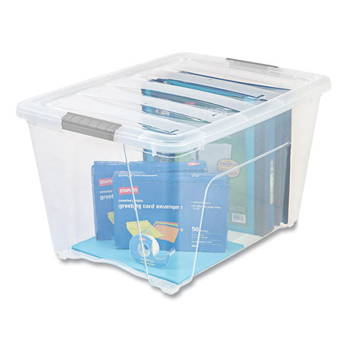 Image of IRIS 100243 Stack and Pull Latching Flat Lid Storage Box, 13.5 gal, 22" x 16.5" x 13.03", Clear