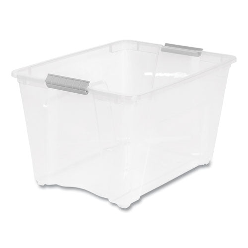 Image of IRIS 100243 Stack and Pull Latching Flat Lid Storage Box, 13.5 gal, 22" x 16.5" x 13.03", Clear