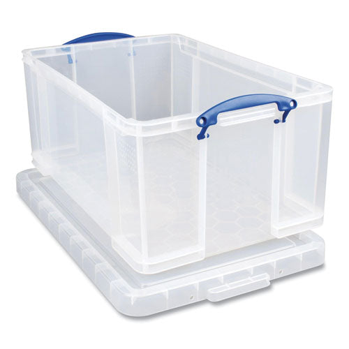 Image of Really Useful Box® 64CCB Snap-Lid Storage Bin, 16.9 Gal, 17.31" X 28" X 12.25", Clear/blue