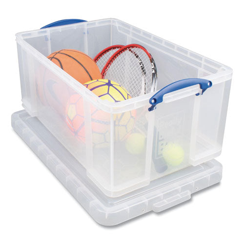 Image of Really Useful Box® 64CCB Snap-Lid Storage Bin, 16.9 Gal, 17.31" X 28" X 12.25", Clear/blue