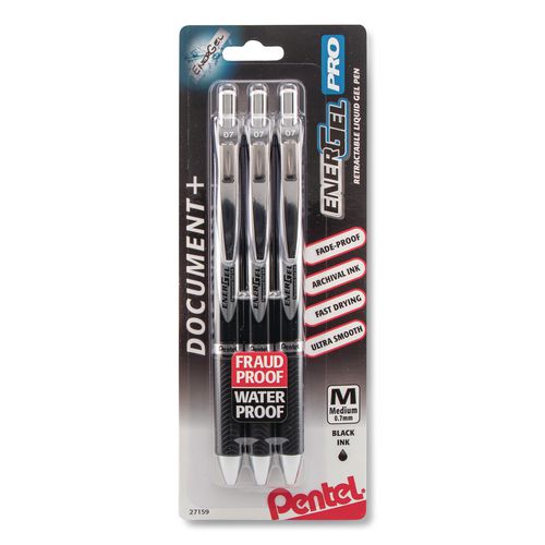 Image of Pentel® BLP77BP3A EnerGel PRO Hybrid Gel Pen, Retractable, Medium 0.7 mm, Black Ink, Black Barrel, 3/Pack