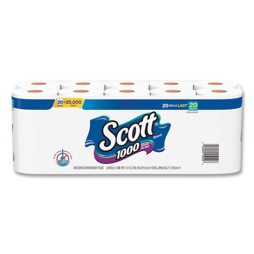 Image of Scott® 20032 1000 Bathroom Tissue, Septic Safe, 1-Ply, White, 1,000 Sheets/Roll, 20 Rolls/Pack, 2 Packs/Carton