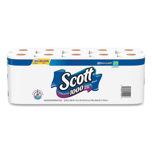 Image of Scott® 20032 1000 Bathroom Tissue, Septic Safe, 1-Ply, White, 1,000 Sheets/Roll, 20 Rolls/Pack