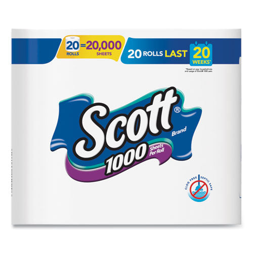Image of Scott® 20032 1000 Bathroom Tissue, Septic Safe, 1-Ply, White, 1,000 Sheets/Roll, 20 Rolls/Pack