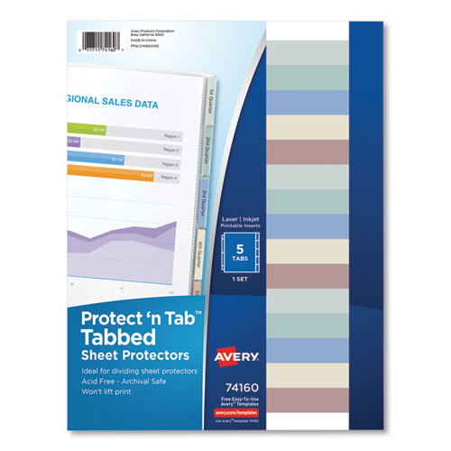 Image of Avery® 74160 Protect 'n Tab Sheet Protectors, 5-Tabs, Heavy-Duty, Side: 3-Hole Punched, Top Load 8.5 x 11 Insert, Clear, 5/Set