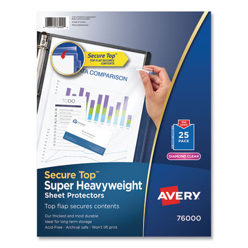 Image of Avery® 76000 Secure Top Super Heavyweight Diamond Clear Sheet Protector, Side: 3-Hole Punched, Top Load 8.5 x 11 Insert, Clear, 25/Pack
