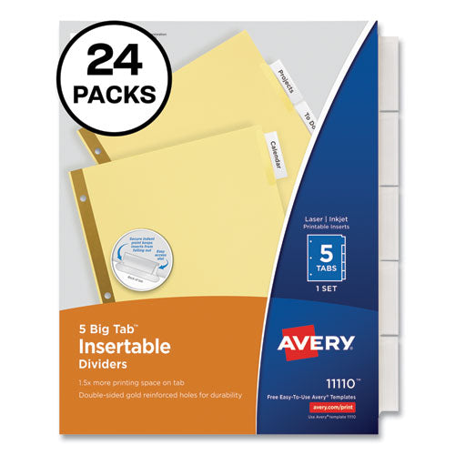 Image of Avery® 11113 Insertable Big Tab Dividers, 5-Tab, Double-Sided Gold Edge Reinforcing, 11 x 8.5, Buff, Clear Tabs, 24 Sets