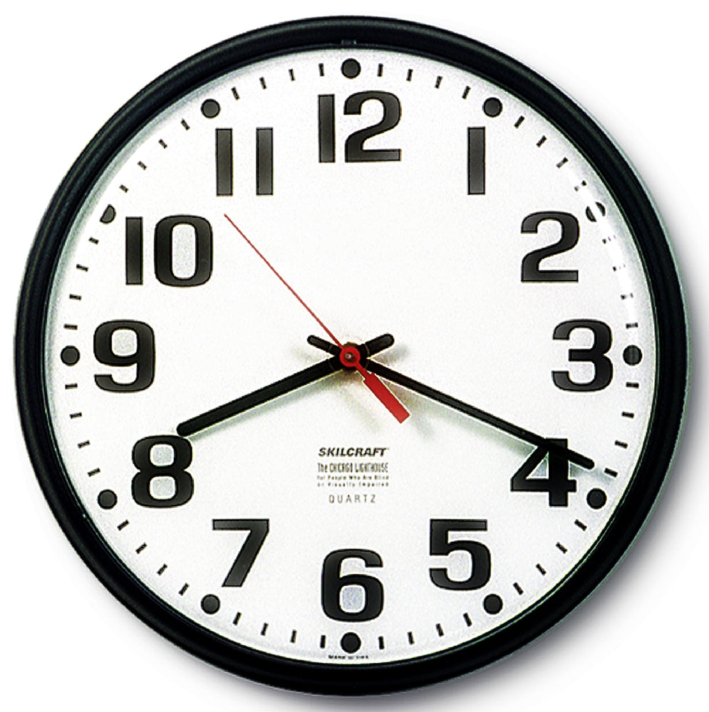 Image of SKILCRAFT® Quartz Wall Clock Slimline, Plastic Frame, 12.75" Diameter, Black Case/White Face