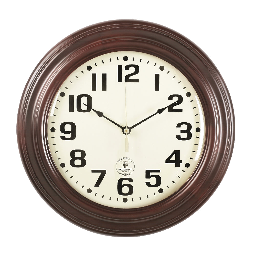 Image of SKILCRAFT® Radio-controlled Atomic Wall Clock, Hardwood Round Frame, 16" Diameter, Mahogany Case/White Face