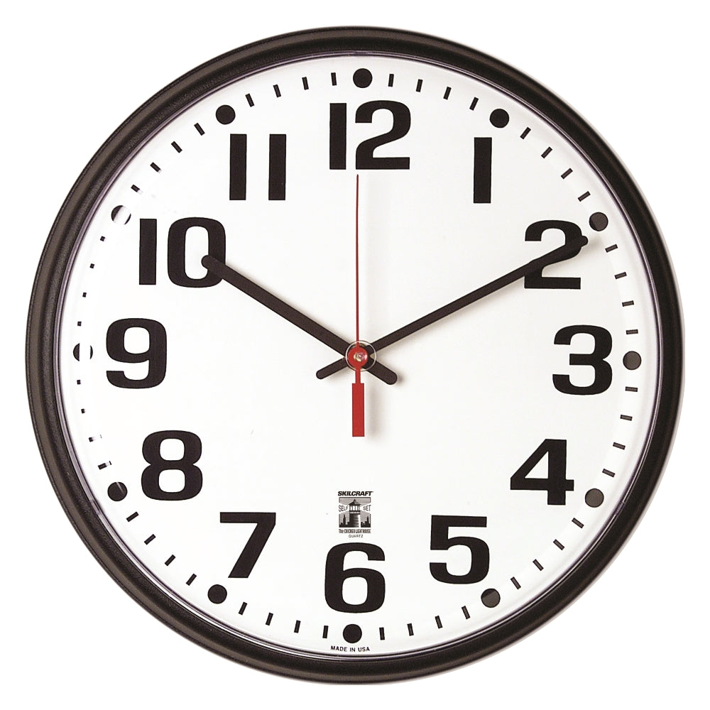 Image of SKILCRAFT® Self-Set Wall Clock, Plastic Slimline Frame, 12.75" Diameter, Black Case/White Face
