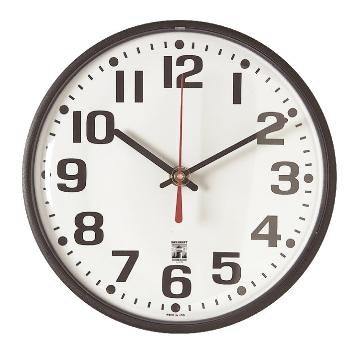 Image of SKILCRAFT® Self-Set Wall Clock, Plastic Slimline Frame, 9.25" Diameter, Black Case/White Face
