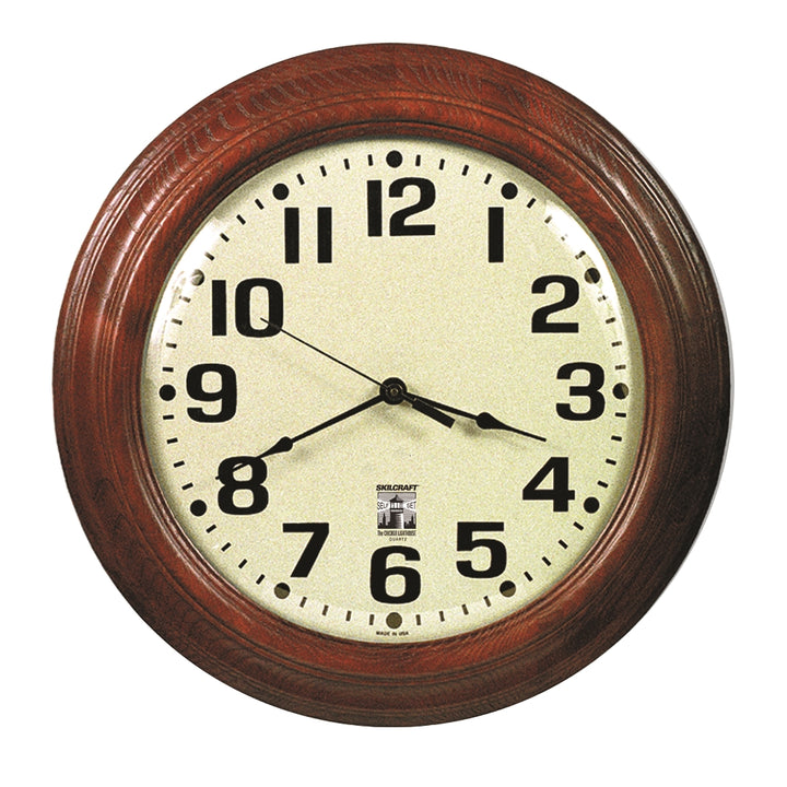 Image of SKILCRAFT® Self-Set Wall Clock, Hardwood Round Frame, 16" Diameter