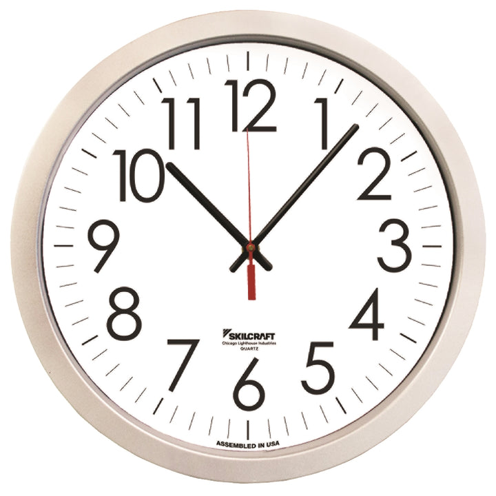 Image of SKILCRAFT® Quartz Wall Clock, Silver Plastic Frame, 14.5" Diameter