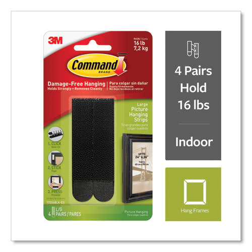 Image of Command 17206BLK Damage-Free Hanging Picture Hanging Strip Pairs, Holds Up to 3.75 lb, Large: 0.75" x 3.65", Black, 4/Pack