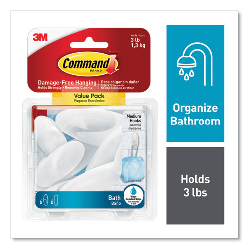 Image of Command BATH18-6ES Medium Bath Hooks Value Pack, Plastic, White, 3 Lb Capacity, 6 Hooks And 6 Strips