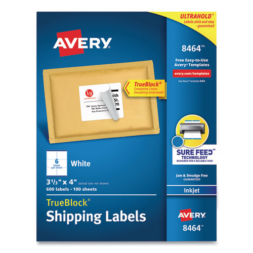 Image of Avery® 08464 Shipping Labels W/ Trueblock Technology, Inkjet Printers, 3.33 X 4, White, 6/sheet, 100 Sheets/box