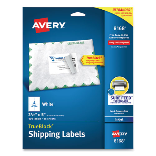 Image of Avery® 08168 Shipping Labels W/ Trueblock Technology, Inkjet Printers, 3.5 X 5, White, 4/sheet, 25 Sheets/pack