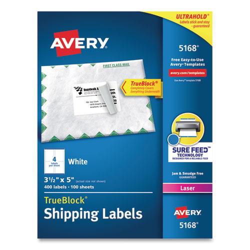Image of Avery® 05168 Shipping Labels W/ Trueblock Technology, Laser Printers, 3.5 X 5, White, 4/sheet, 100 Sheets/box