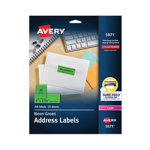 Image of Avery® 05971 High-Visibility Permanent Laser ID Labels, 1 x 2.63, Neon Green, 750/Pack