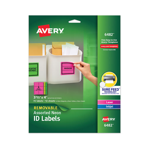 Image of Avery® 6482 High-Vis Removable Laser/Inkjet ID Labels w/ Sure Feed, 3.33 x 4, Neon, 72/PK
