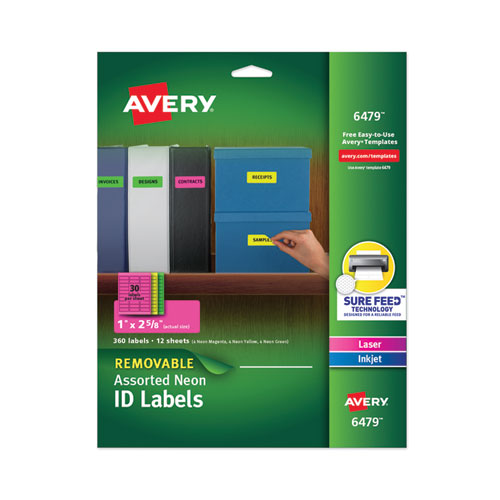 Image of Avery® 06479 High-Vis Removable Laser/Inkjet ID Labels w/ Sure Feed, 1 x 2.63, Neon, 360/PK