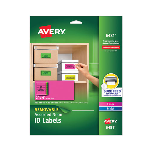 Image of Avery® 06481 High-Vis Removable Laser/inkjet Id Labels, 2 X 4, Asst. Neon, 120/pack
